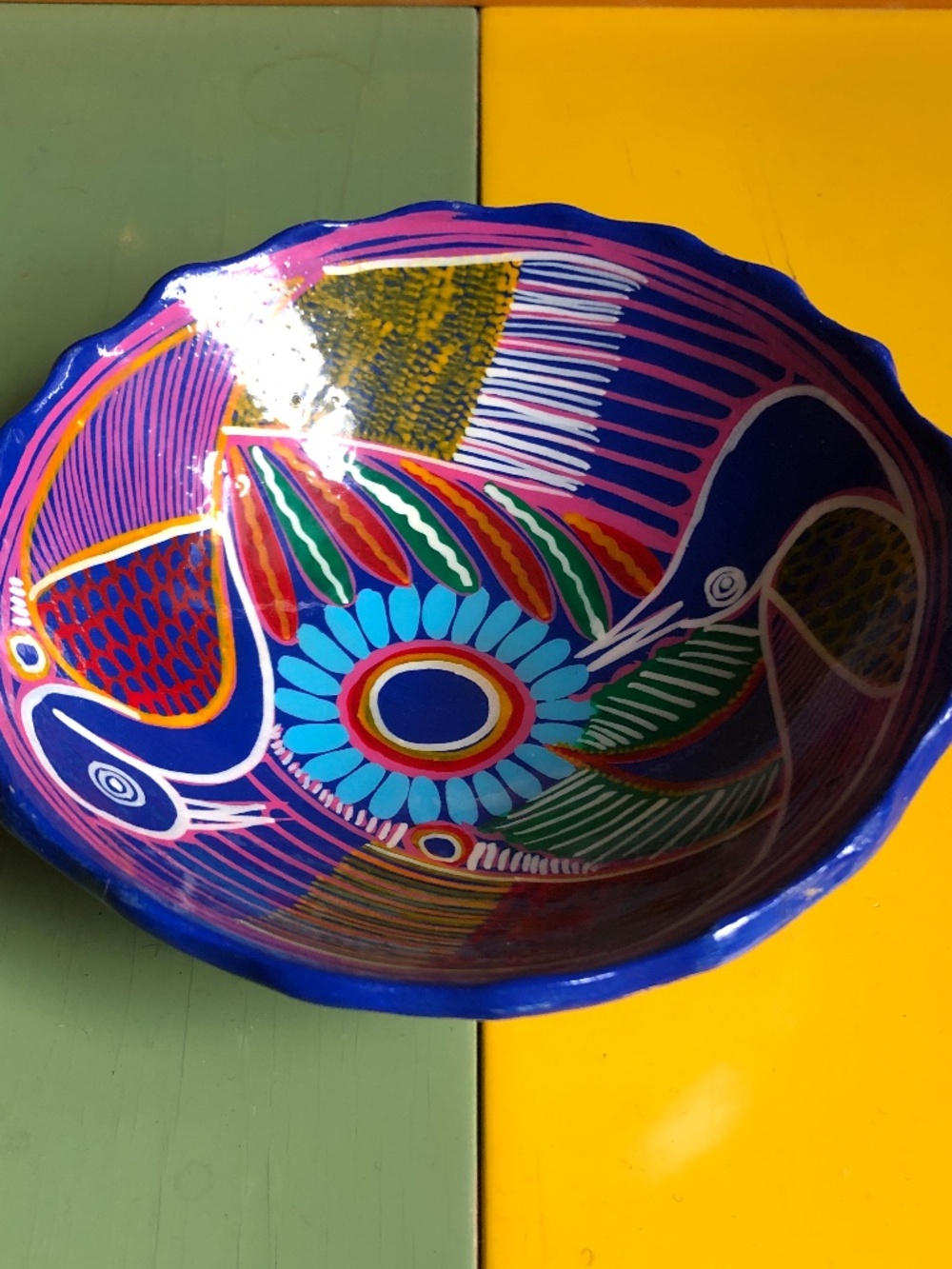 Vintage Mexican Talavera Pottery Footed Bowl with Purple Peacock. STUNNER